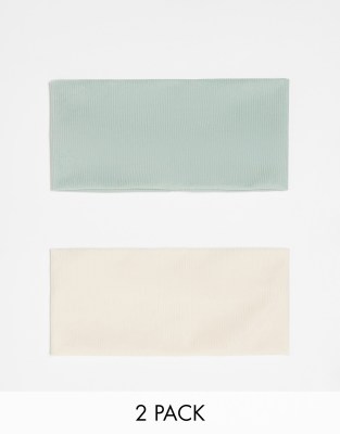 DesignB London pack of 2 jersey wide headbands in sage green and ecru 