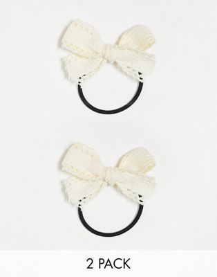 DesignB London pack of 2 lace bow hair tie in white