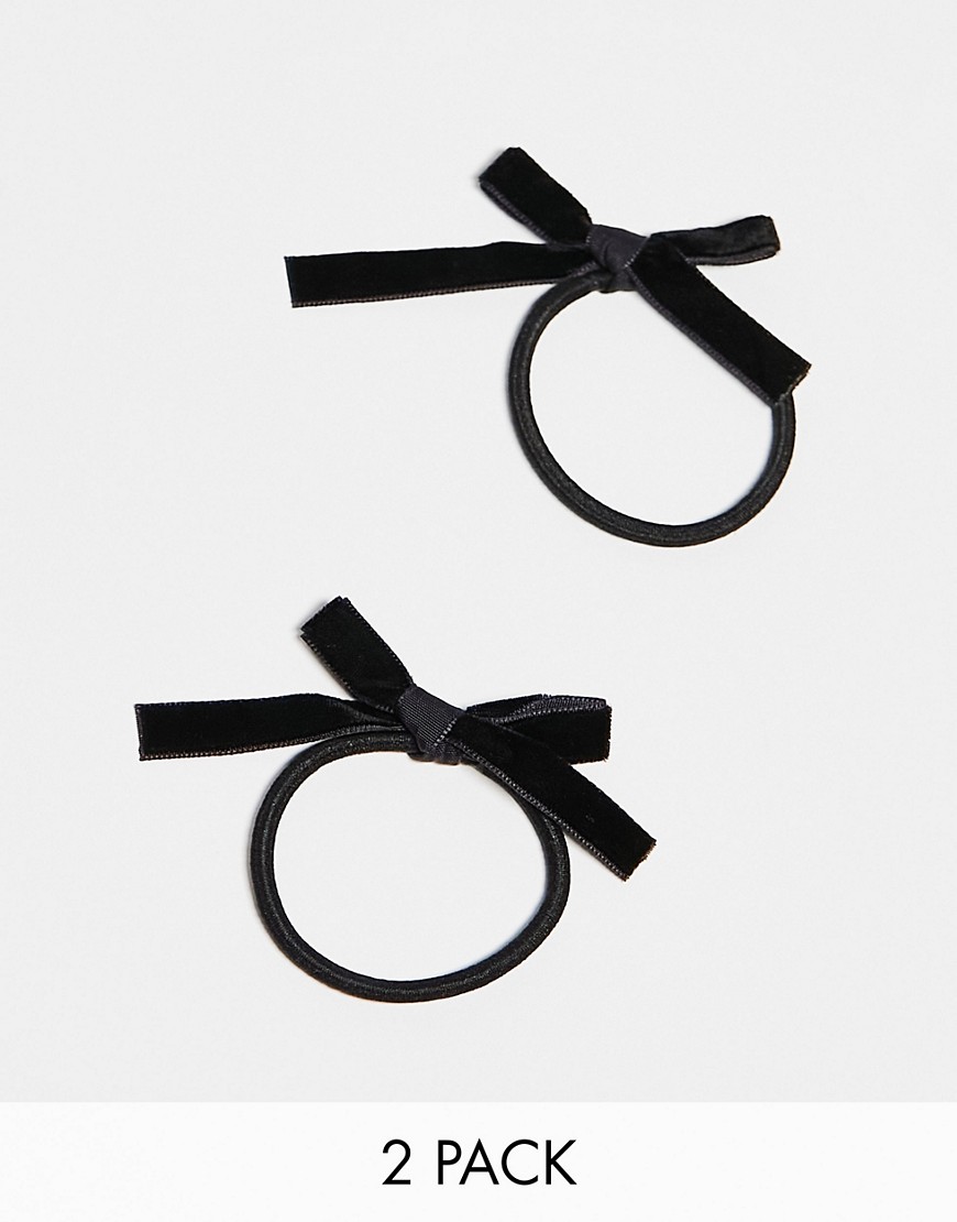 DesignB London pack of 2 mini velvet bow hair ties in black