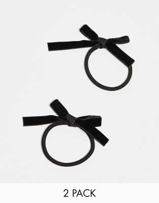 DesignB London pack of 2 mini velvet bow hair ties in black  