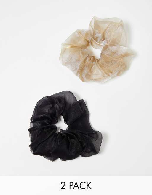 DesignB London pack of 2 organza hair scrunchies in black and gold