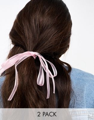 DesignB London pack of 2 organza mini hair ribbons in pink