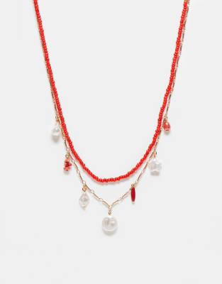 DesignB London pack of 2 pearl beaded festival necklaces in red