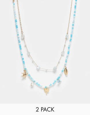 DesignB London pack of 2 pearl beaded festival necklaces in white and turquoise-Blue