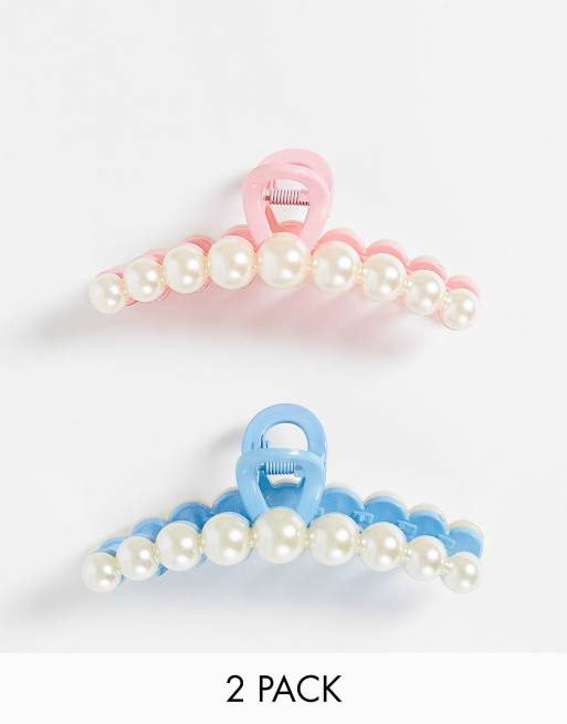 DesignB London pack of 2 pearl hair claws in pink and blue