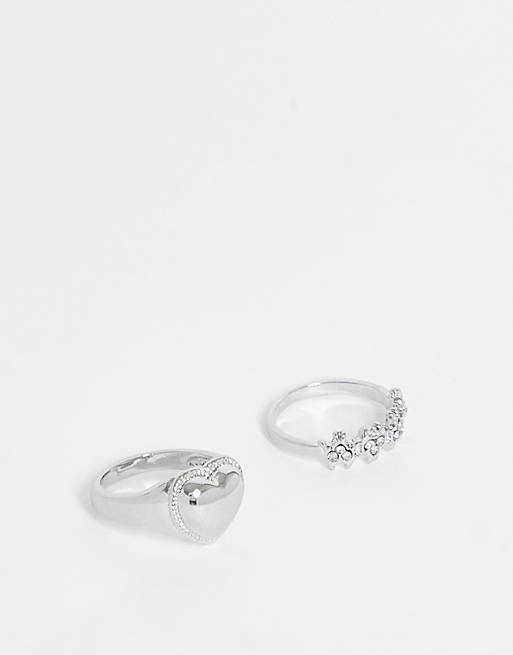 moord Nathaniel Ward Omgekeerde DesignB London pack of 2 rings with heart and flame design in silver tone |  ASOS
