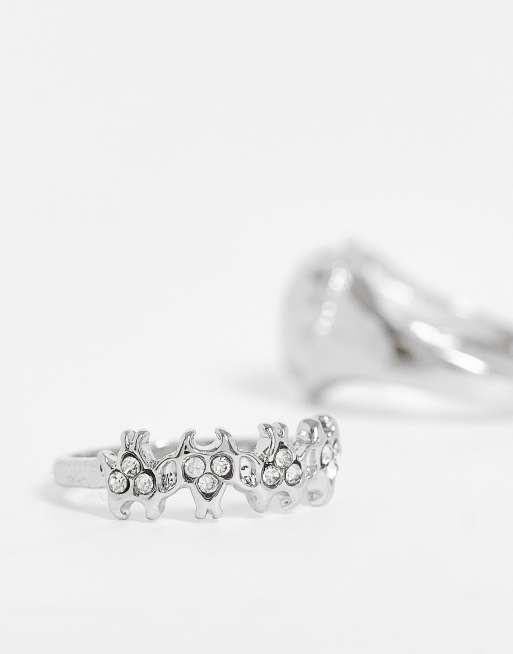 DesignB London pack of 2 rings with heart and flame design in silver tone, 2 of 4