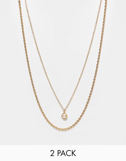 DesignB London pack of 2 rope and pearl chain pendant necklaces in gold 