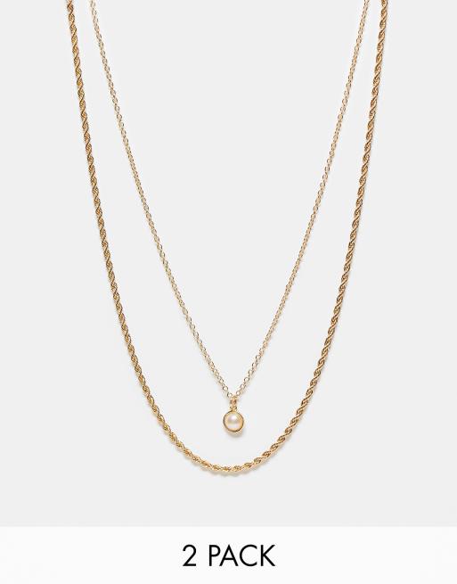 DesignB London pack of 2 rope and pearl chain pendant necklaces in gold 