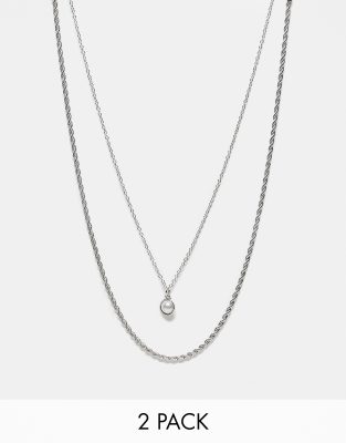 DesignB London DesignB London pack of 2 rope and pearl chain pendant necklaces in silver