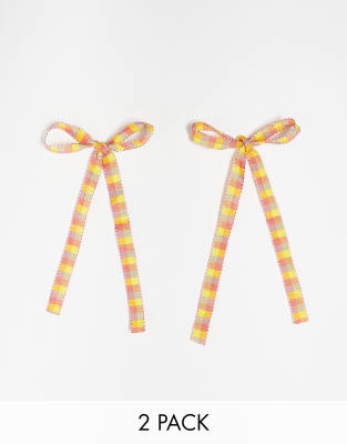 DesignB London pack of 2 summer tartan ribbon hair bows-White