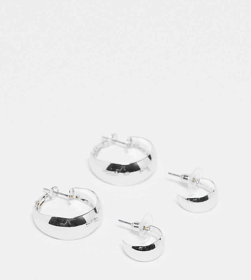 DesignB London pack of 2 thick hoop earrings in silver