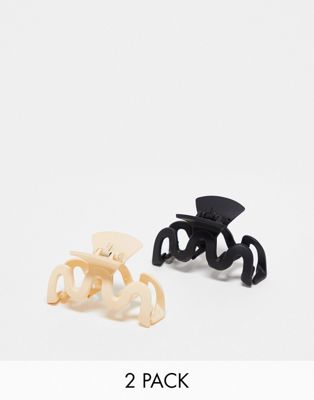 DesignB London pack of 2 wiggle hair claw clips in black and ecru-Multi
