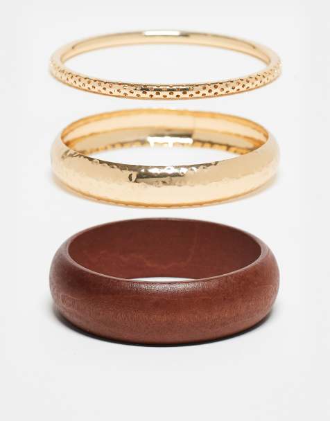 DesignB London pack of 3 bangles in dark brown wood and gold tone - view 1