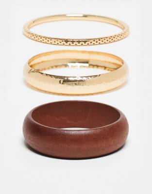 pack of 3 bangles in dark brown wood and gold-Multi