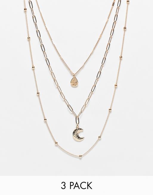 DesignB London pack of 3 beaded chain necklace with moon pendant in gold 