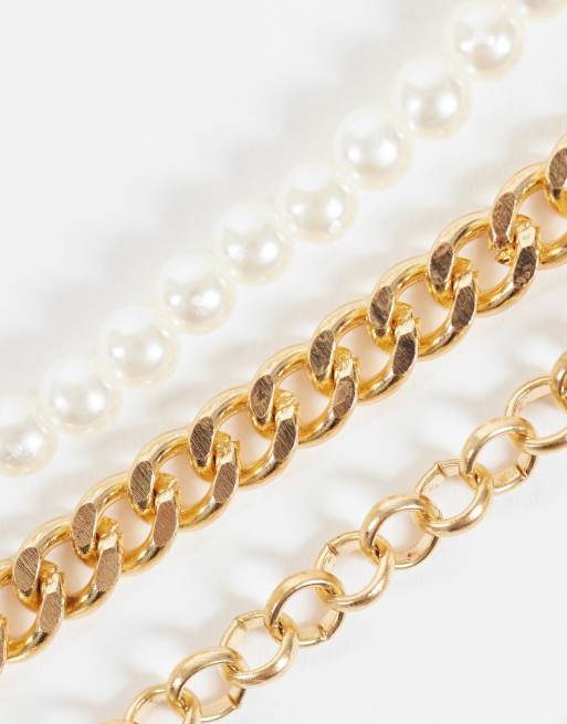 DesignB London pack of 3 chain and pearl bracelets in gold, 2 of 3