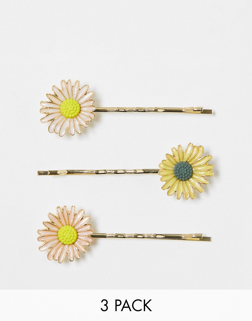 DesignB London pack of 3 daisy hair pins in multi