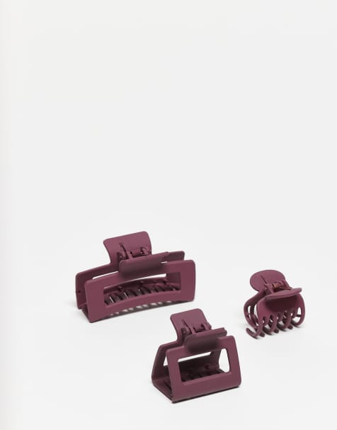 DesignB London pack of 3 hair claws in burgundy - view 1