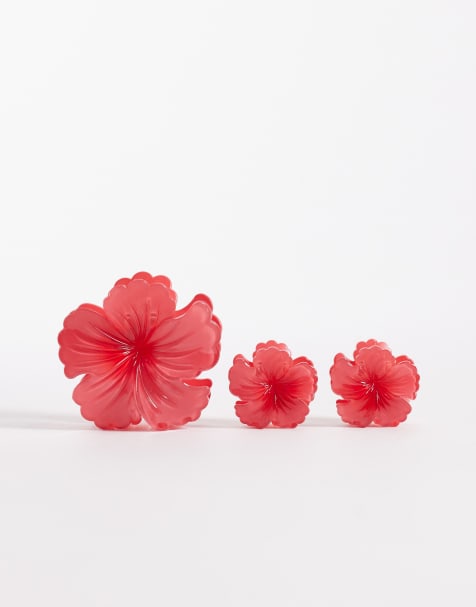 DesignB London pack of 3 hibiscus flower hair claw clips in fushia pink - view 1