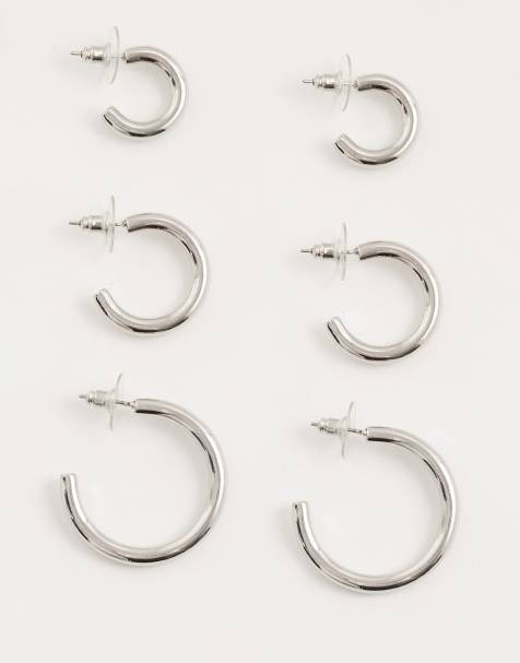 DesignB London pack of 3 hoop earrings in silver - view 1