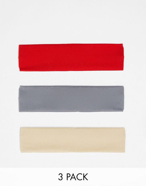 DesignB London pack of 3 jersey headbands in beige grey and red 