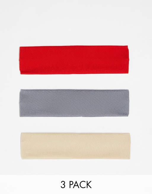 DesignB London pack of 3 jersey headbands in beige grey and red 