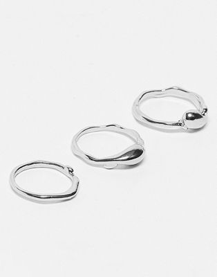 DesignB London pack of 3 melt design metal rings in silver