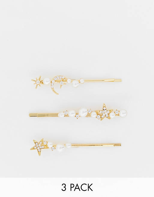 DesignB London pack of 3 pearl and celestial hair clips in gold tone | ASOS