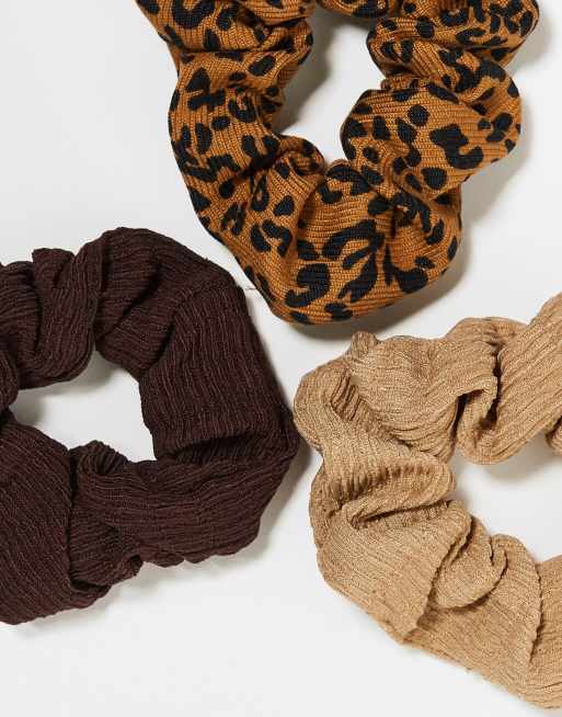 DesignB London pack of 3 plisse hair scrunchie in neutral and zebra print  , 3 of 4