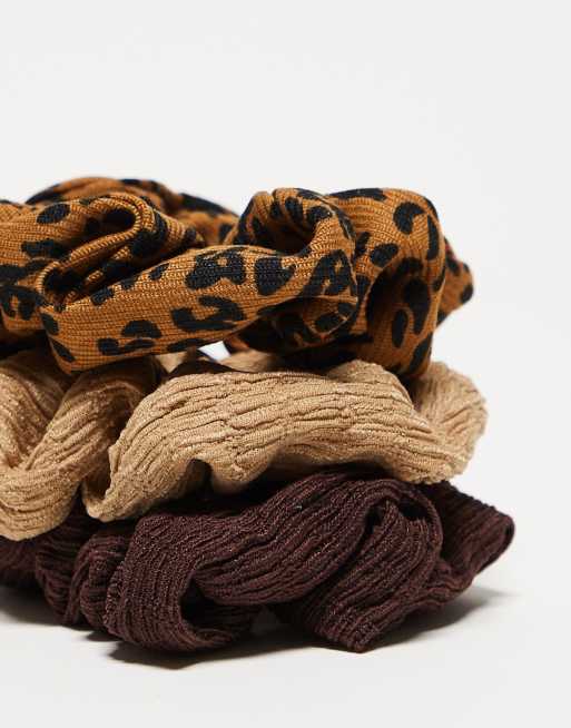 DesignB London pack of 3 plisse hair scrunchie in neutral and zebra print  , 4 of 4