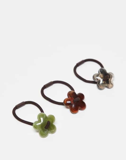 DesignB London pack of 3 resin flower hair ties in neutral - view 1