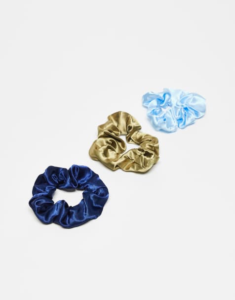 DesignB London pack of 3 satin hair scrunchies in blue and green - view 1