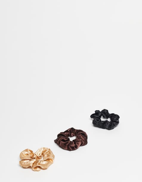 DesignB London pack of 3 satin hair scrunchies in cool neutrals - view 1