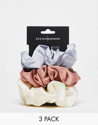 DesignB London pack of 3 satin scrunchies in pastel tones