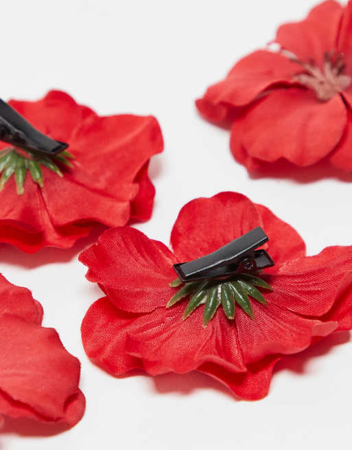DesignB London pack of 4 flower hair clips in red , 4 of 4