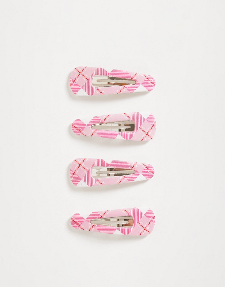 DesignB London pack of 4 plaid print snap clips in pink-Multi