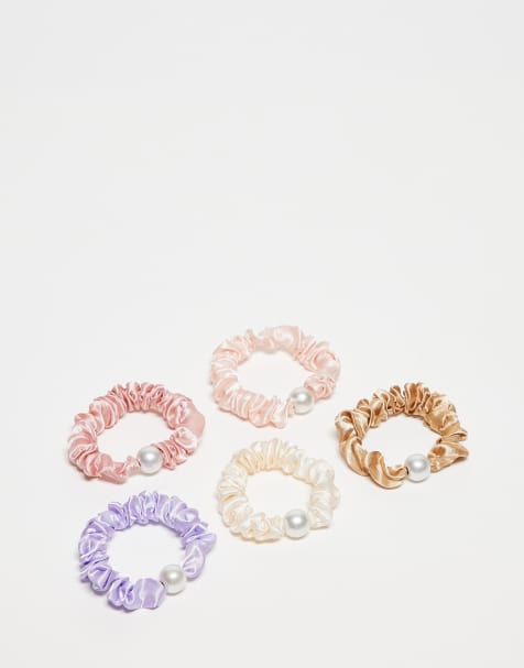 DesignB London pack of 5 mini ruched scrunchies with pearl detail in neutral - view 1