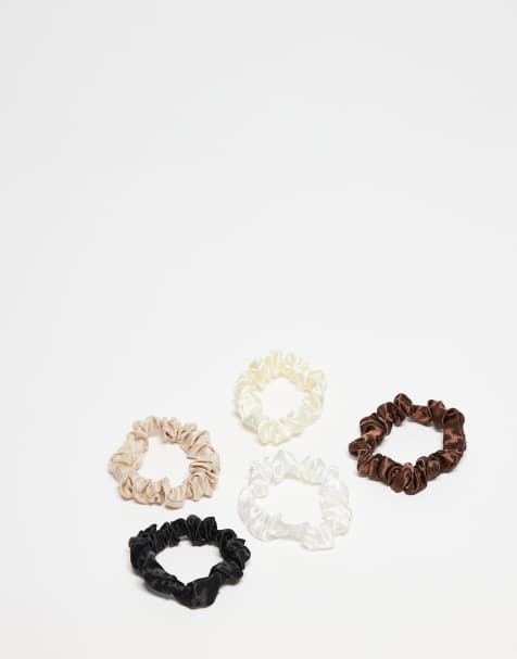 DesignB London pack of 5 mini ruched scrunhies in classic neutrals - view 1