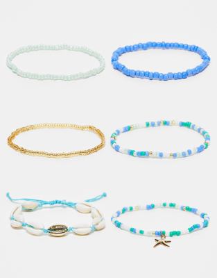DesignB London DesignB London pack of 6 beaded and shell bracelets with starfish charm in blue and gold-Multi