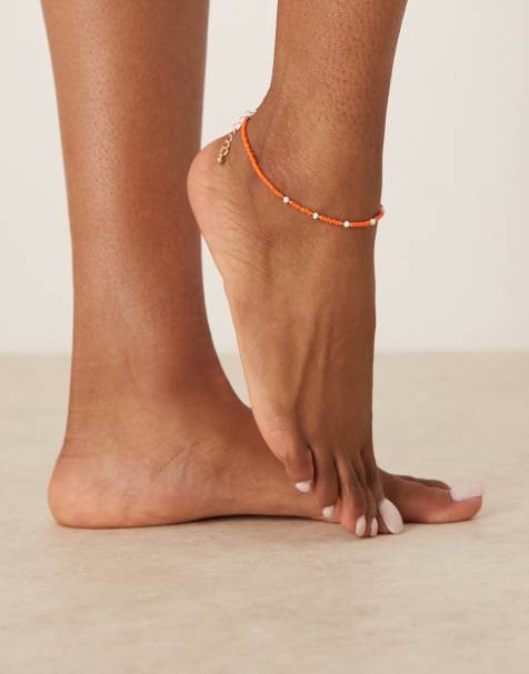 DesignB London pearl and bead anklet in orange - view 1