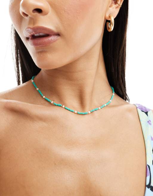  DesignB London pearl and bead necklace in turquoise