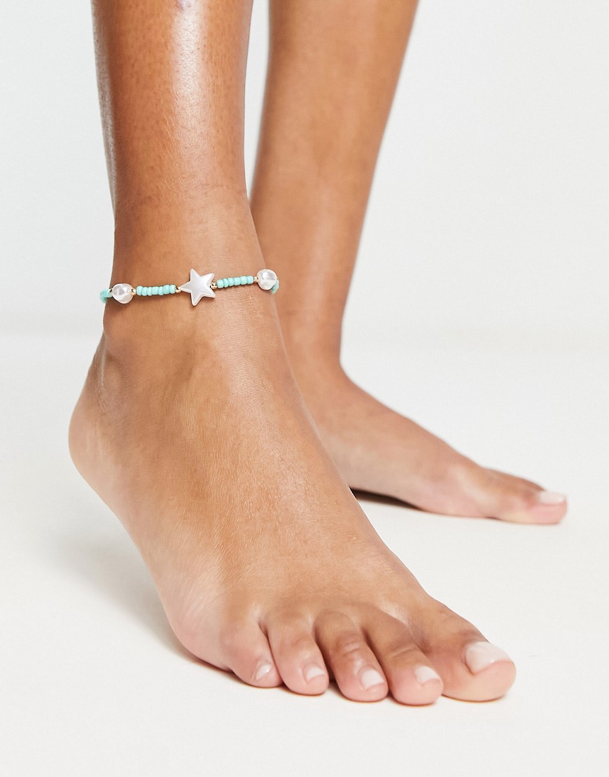 DesignB London pearl and star beaded anklet in blue