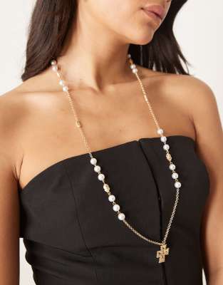 DesignB London pearl beaded chain necklace with cross pendant-Gold