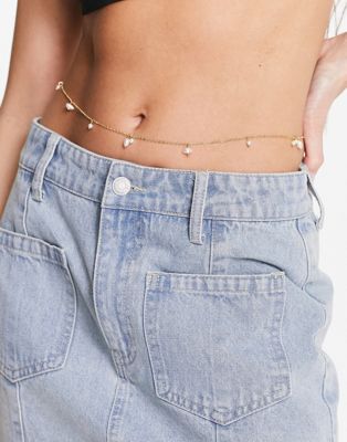 DesignB London pearl charm belly chain in gold | ASOS