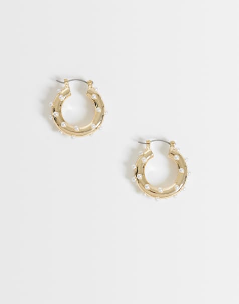 DesignB London pearl embellished hoop earrings in gold - view 1