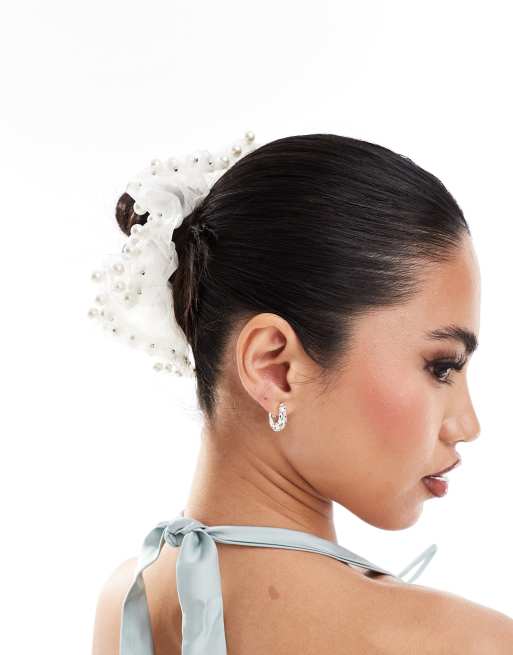 White Pearl-Embelished Organza Scrunchie DesignB London pearl embellished organza hair scrunchie in  main image 3