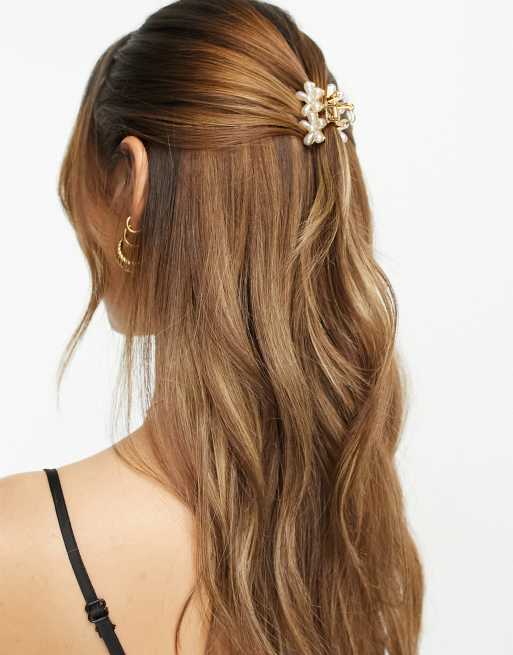 ASOS DESIGN hair claw clip with faux pearls in gold tone