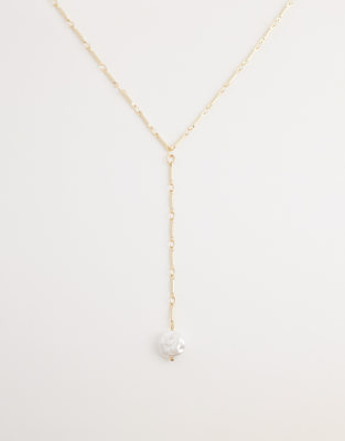 Designb London Pearl Lariat Necklace In Gold