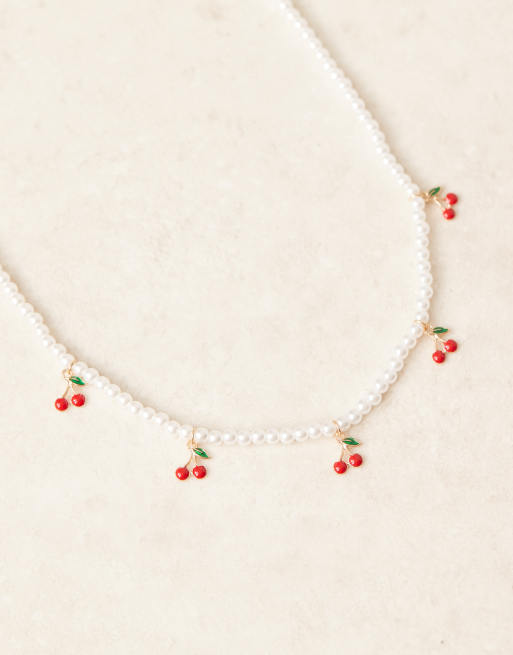 DesignB London pearl necklace with cherry charms in white, 2 of 3